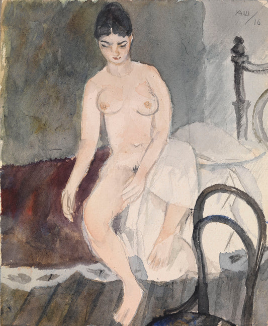 Nude Seated on a Bed, vintage artwork by Alexander Shevchenko, 12x8" (A4) Poster