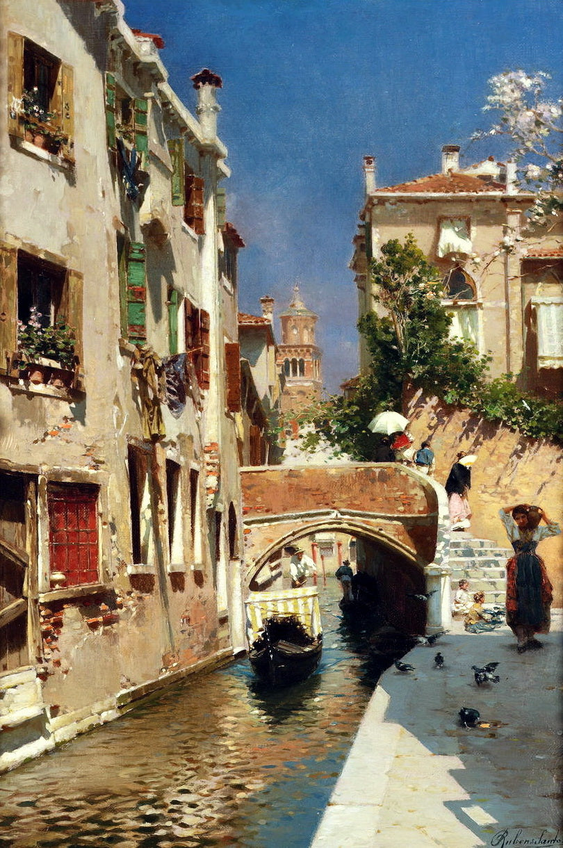 man carrying water beside a Venetian canal by Rubens Santoro,A3(16x12")Poster