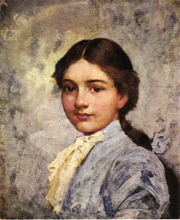 Girl in Blue Blouse, vintage artwork by Frank Duveneck, 12x8" (A4) Poster