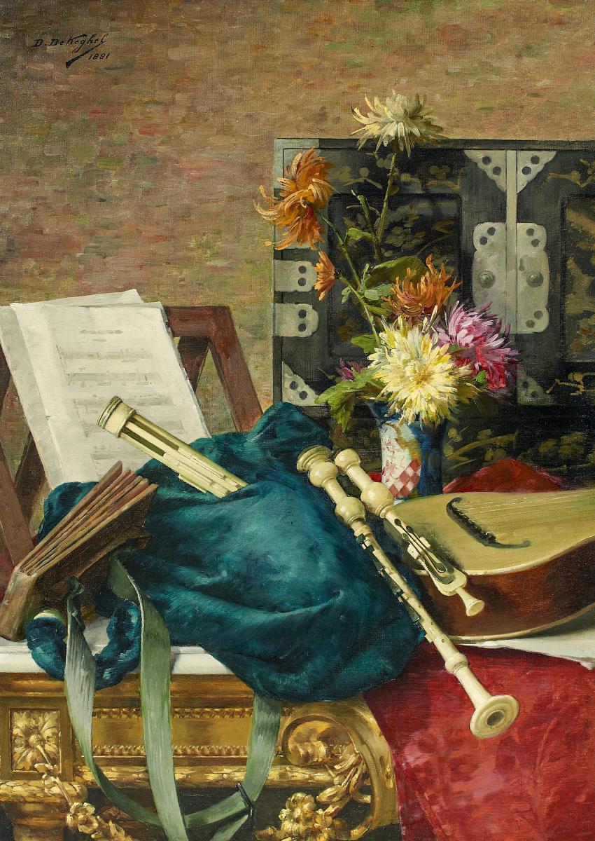 Still Life with Flowers and Musical Instruments, vintage artwork by Desire de Keghel, 12x8" (A4) Poster