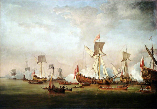 The Departure of William of Orange and Princess Mary for Holland, November 1677, vintage artwork by Willem van de Velde the Younger, 12x8" (A4) Poster