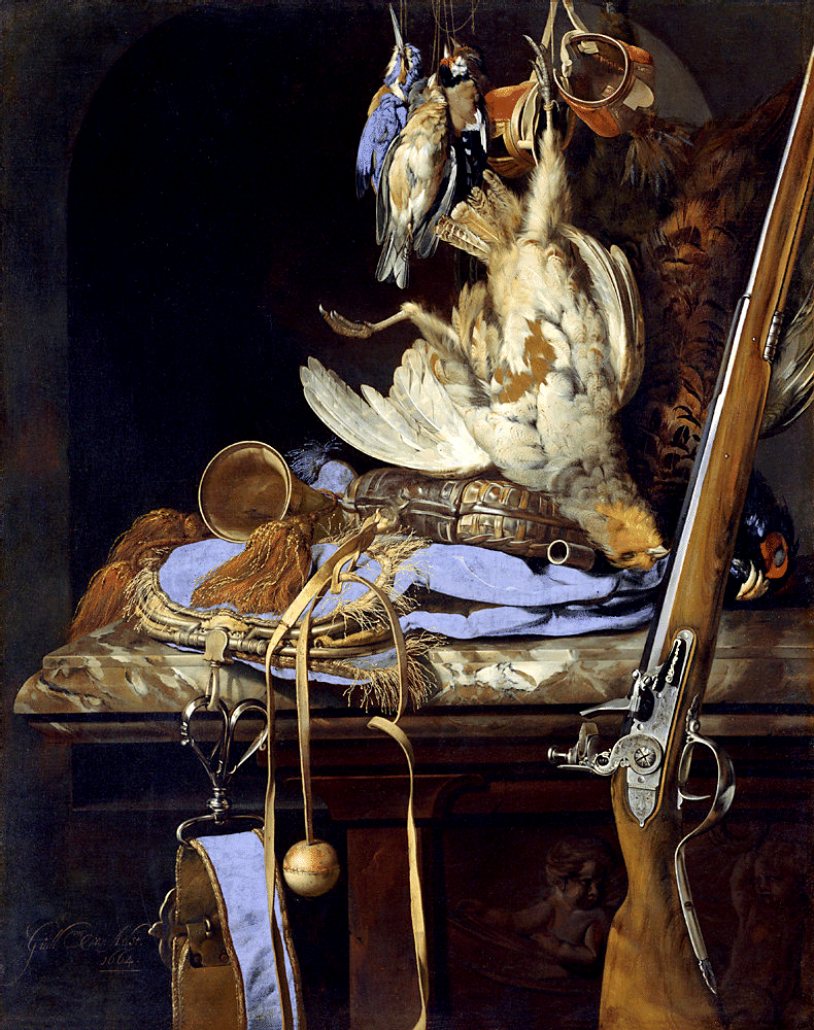 Game with hunting equipment in a niche, vintage artwork by Willem van Aelst, 12x8" (A4) Poster