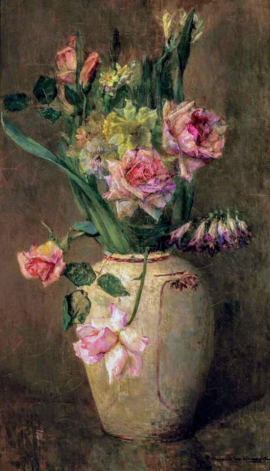 Springflowers with Roses, Daffodils and Larkspur, vintage artwork by Maria Oakey Dewing, 12x8" (A4) Poster