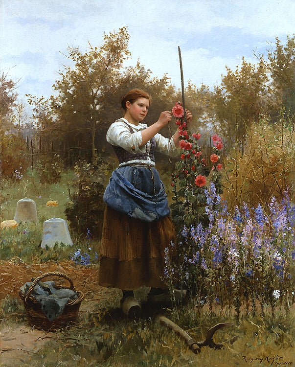 Hollyhocks, vintage artwork by Daniel Ridgway Knight, 12x8" (A4) Poster