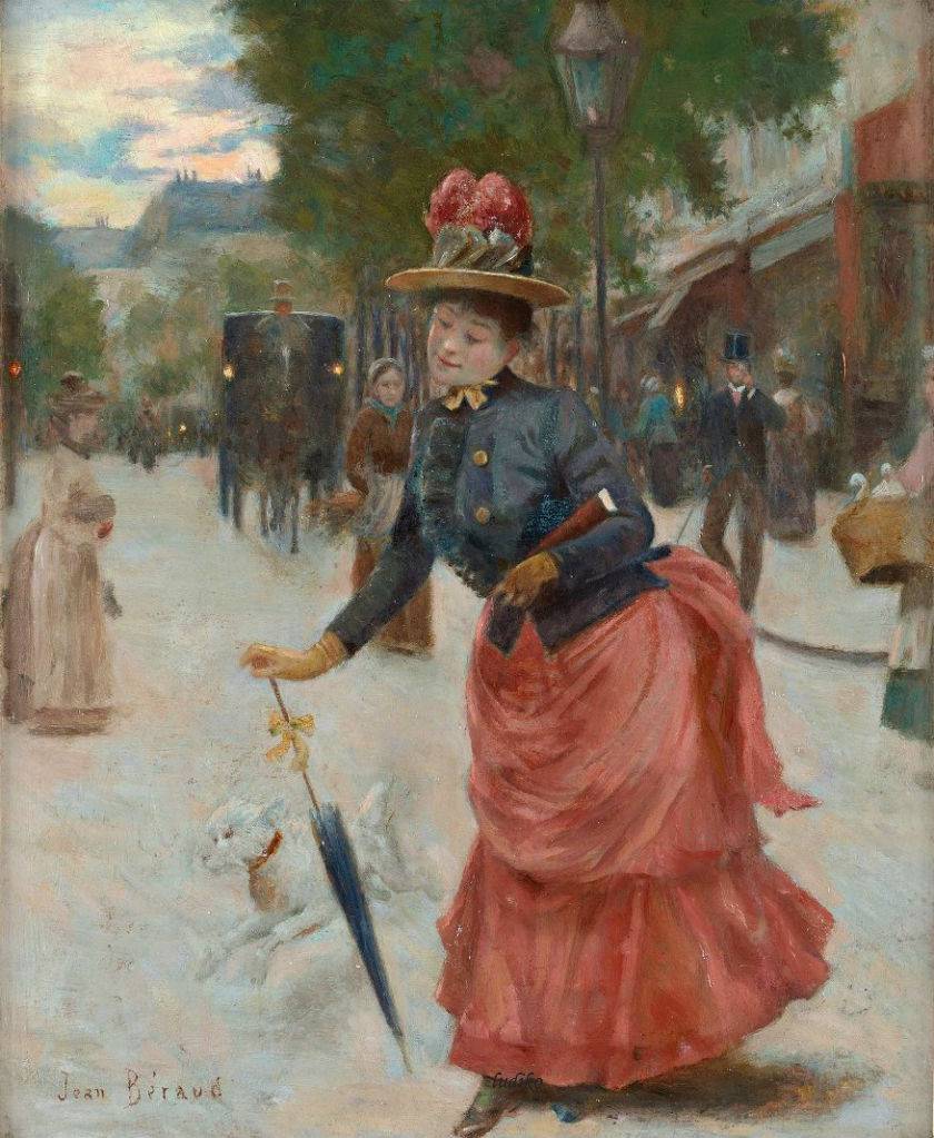 Boulevard scene with an elegant lady, vintage artwork by Jean-Georges Beraud, 12x8" (A4) Poster