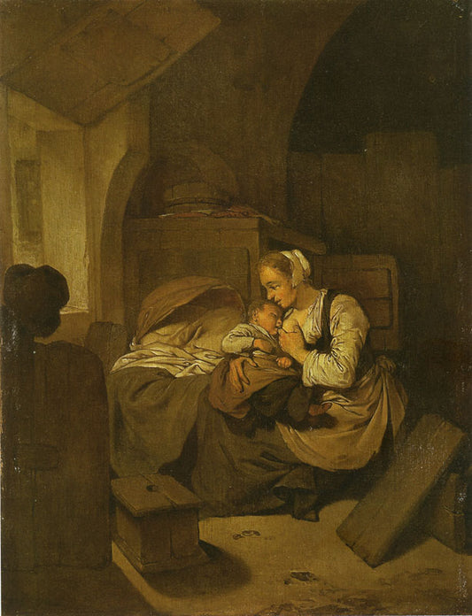 Interior with Mother Nursing her Child, vintage artwork by Cornelis Pietersz  Bega, 12x8" (A4) Poster