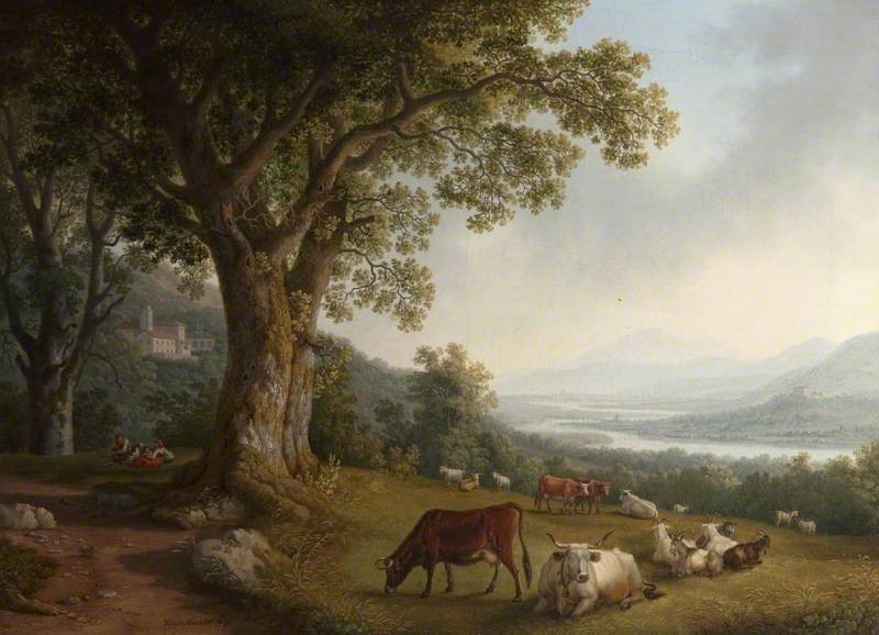Landscape with Cattle and Goats, vintage artwork by Jakob Philipp Hackert, 12x8" (A4) Poster