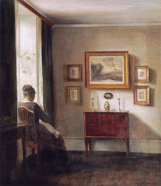 Interior with the Artist's Wife Sewing by  a Window, vintage artwork by Carl Vilhelm Holsøe, 12x8" (A4) Poster