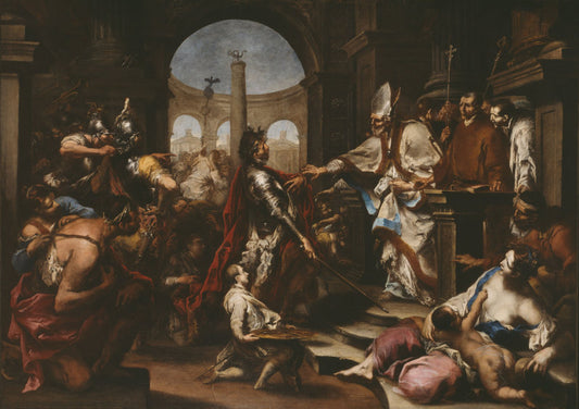 Theodosius Repulsed from the Church by  Saint Ambrose, vintage artwork by Alessandro Magnasco, 12x8" (A4) Poster