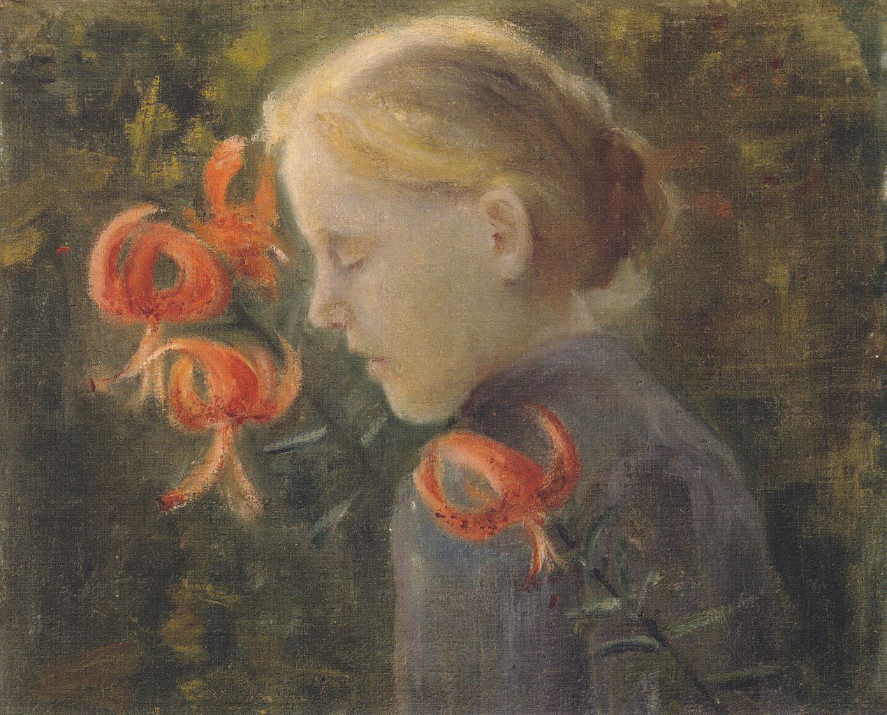 Girl with tiger lilies, vintage artwork by Paula Modersohn-Becker, 12x8" (A4) Poster