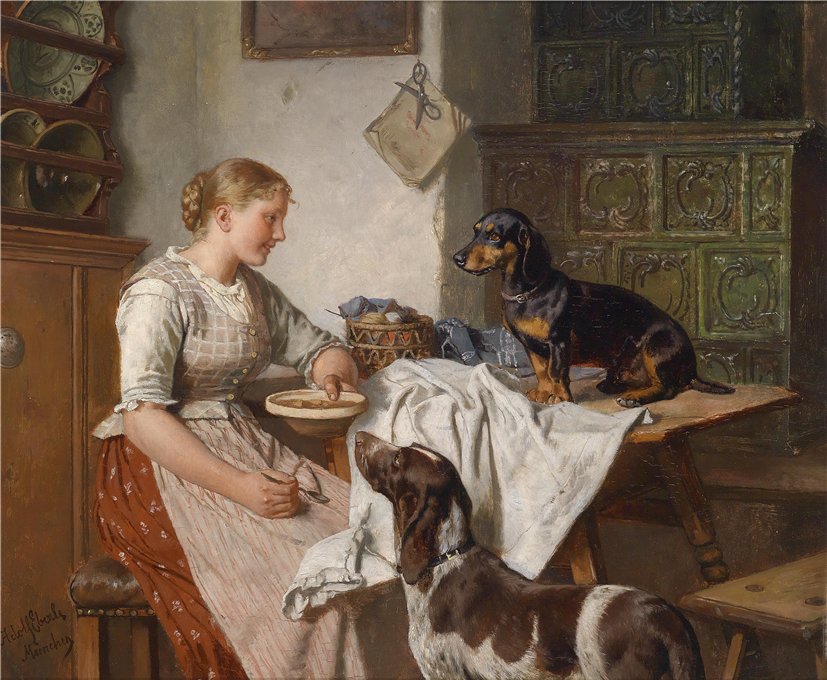 Feeding the dogs, vintage artwork by Adolf Eberle, 12x8" (A4) Poster
