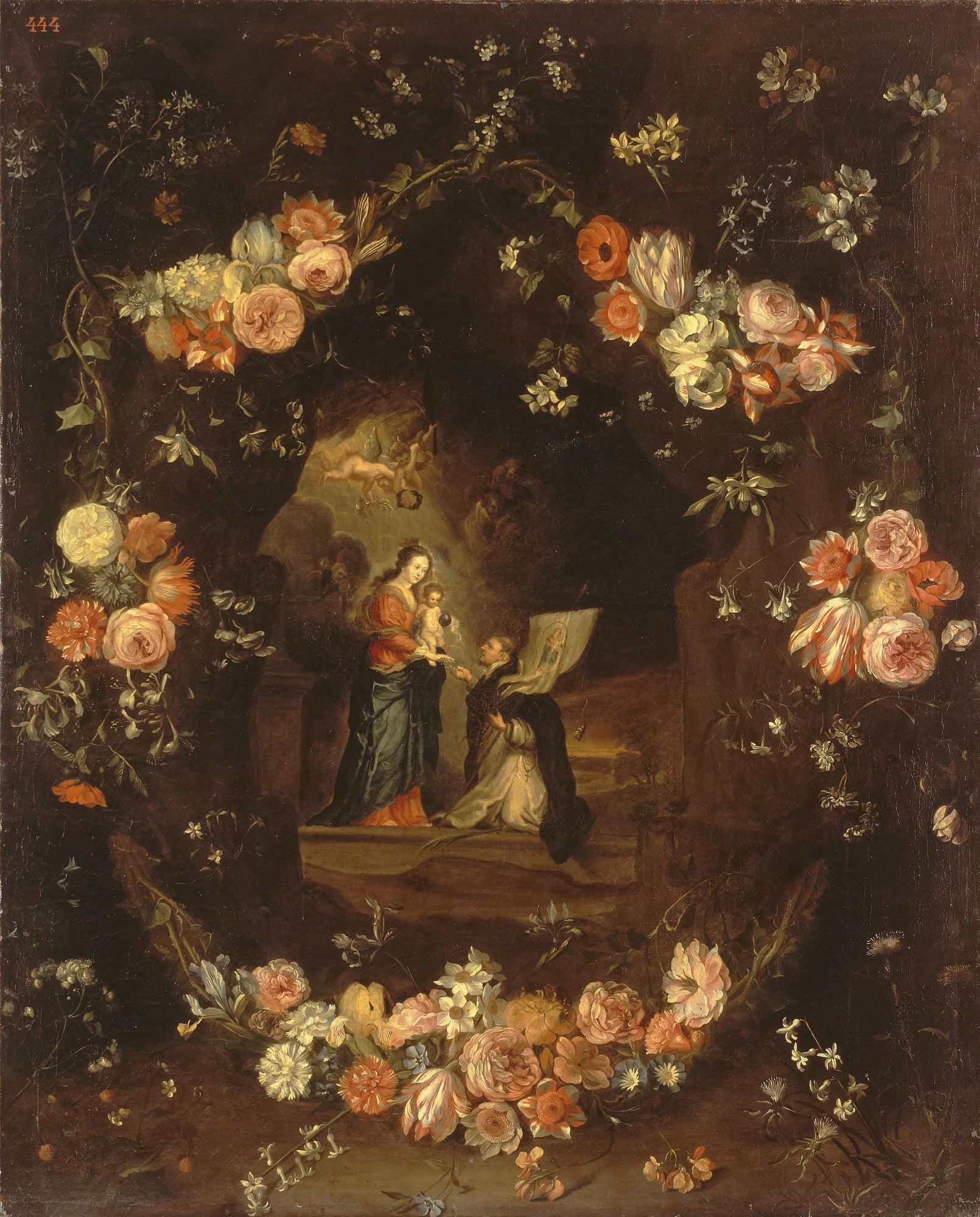 Madonna with the Child and St Ildephonsus Framed with a Garland of Flowers, vintage artwork by Jan van Kessel the Elder, 12x8" (A4) Poster