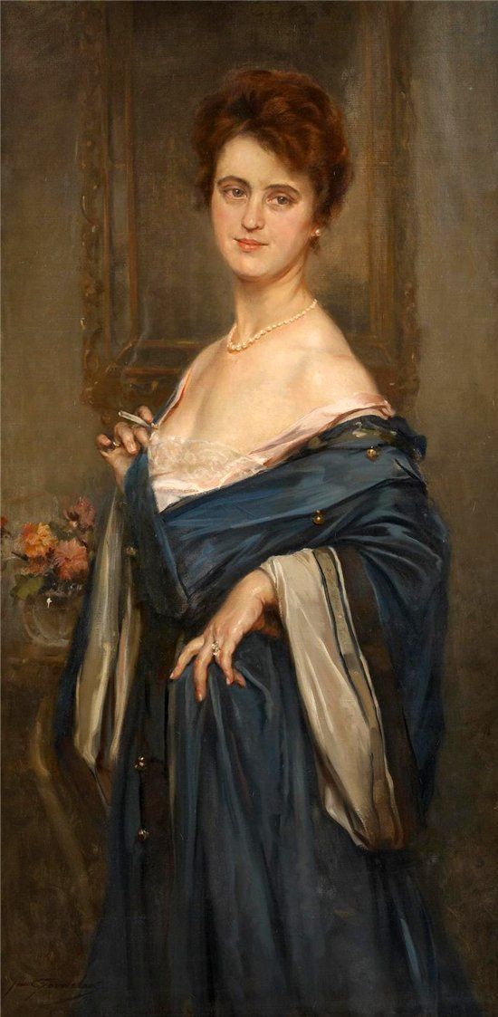 Elegant Lady in a Blue Dress, vintage artwork by Jean Leon Henri Gouweloos, 12x8" (A4) Poster