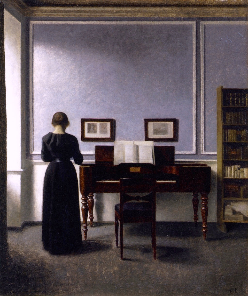 Interior: with Piano and Woman in Black, vintage artwork by Vilhelm Hammershøi, 12x8" (A4) Poster
