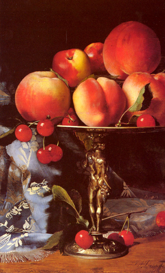 A Still Life with Peaches, Plums and Cherries, vintage artwork by Blaise Alexandre Desgoffe, 12x8" (A4) Poster