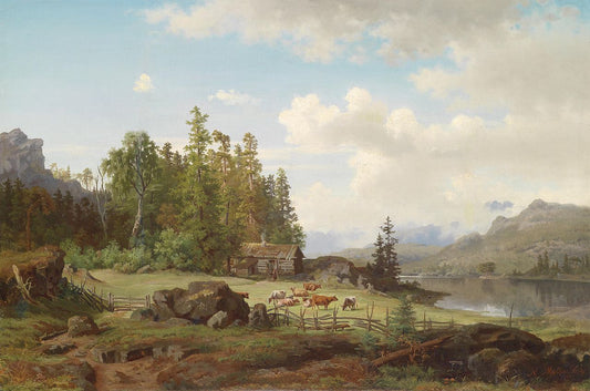 Landscape with grazing cows, vintage artwork by Nils Bjornson Moller, 12x8" (A4) Poster