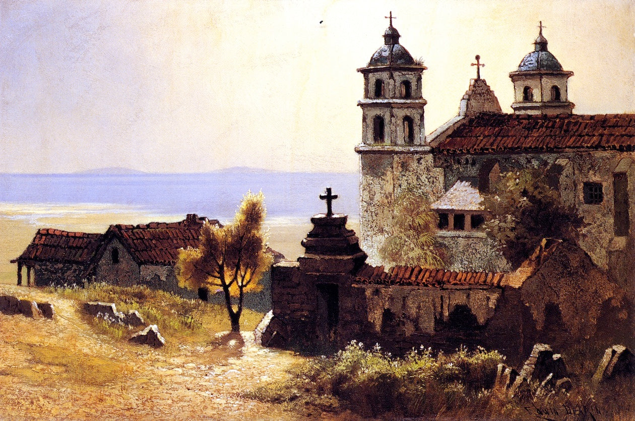 Santa Barbara Mission, vintage artwork by Edwin Deakin, 12x8" (A4) Poster
