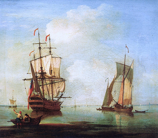 A Calm Scene, with Two Small Ships Drying Sails, vintage artwork by Peter Monamy, 12x8" (A4) Poster