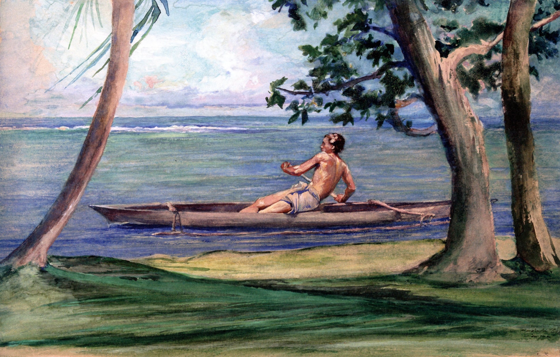 Boy in Canoe Passing in Front of Our House, Vaiala, Samoa, vintage artwork by John La Farge, 12x8" (A4) Poster