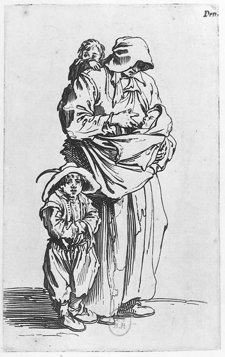 The mother and her three children, vintage artwork by Jacques Callot, 12x8" (A4) Poster