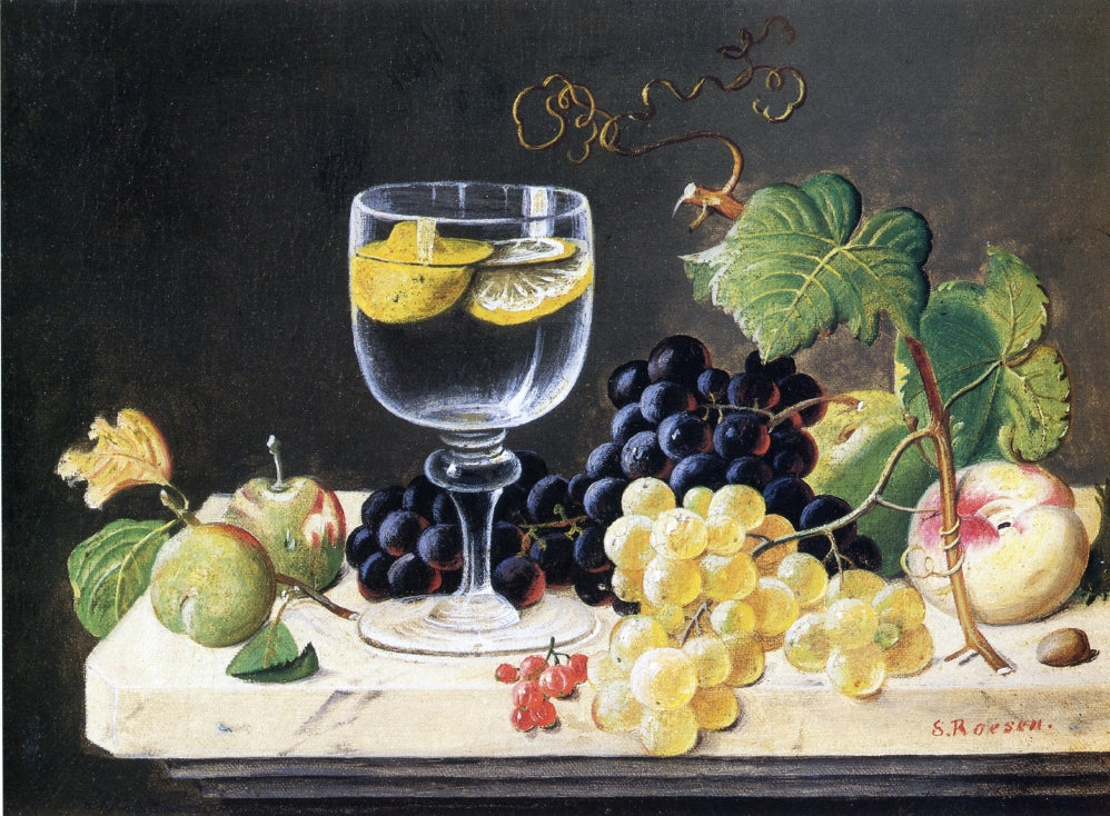Plums, Waterglass and Peaches, vintage artwork by Severin Roesen, A3 (16x12") Poster Print