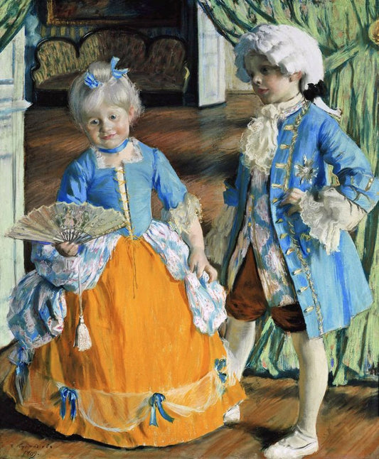 Children Wearing Masquerade Costumes, vintage artwork by Boris Mikhailovich Kustodiev, 12x8" (A4) Poster