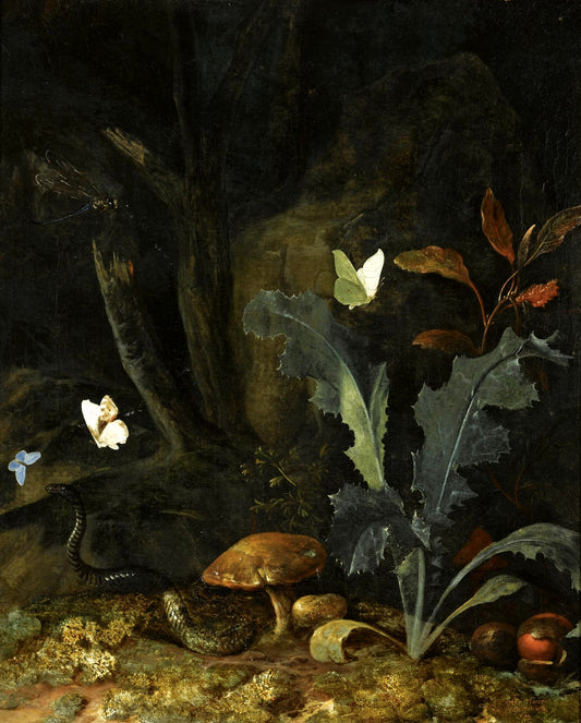 Nocturnal Forest Landscape with a Thistle, Chestnuts and Mushrooms, vintage artwork by Otto van Schrieck, 12x8" (A4) Poster
