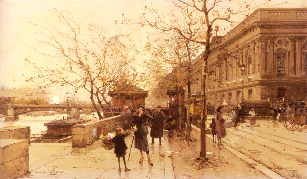 Louvre and the Passerelle des Arts by Eugene Galien-Laloue,A3(16x12")Poster
