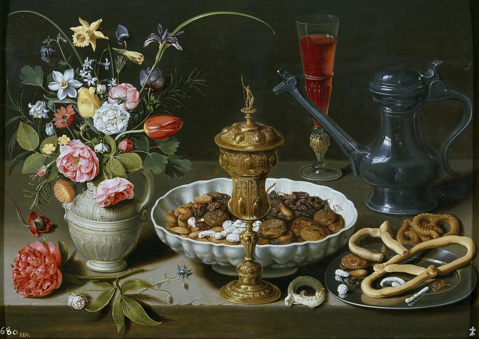 Still Life with Flowers, Goblet, Dried Fruit and Pretzels, vintage artwork by Clara Peeters, 12x8" (A4) Poster