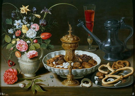 Still Life with Flowers, Goblet, Dried Fruit and Pretzels, vintage artwork by Clara Peeters, 12x8" (A4) Poster