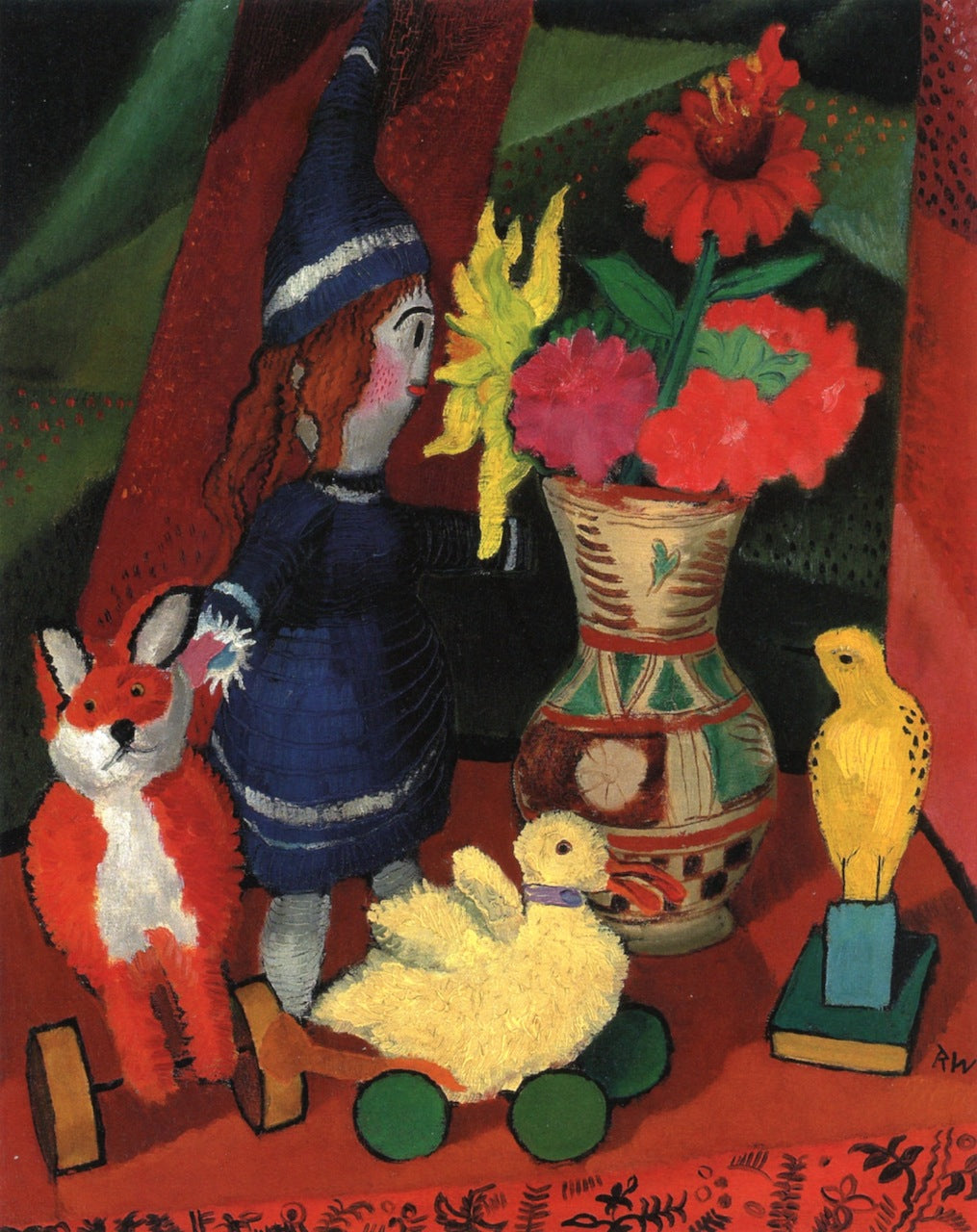Still Life with Flower Jug and Puppet II, vintage artwork by Rudolf Wacker, 12x8" (A4) Poster