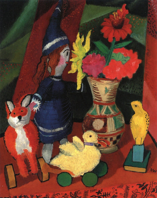 Still Life with Flower Jug and Puppet II, vintage artwork by Rudolf Wacker, 12x8" (A4) Poster
