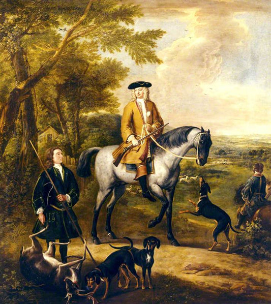 Gilbert Coventry, 4th Earl of Coventry, with Two Huntsmen in a Landscape, vintage artwork by John Wootton, 12x8" (A4) Poster
