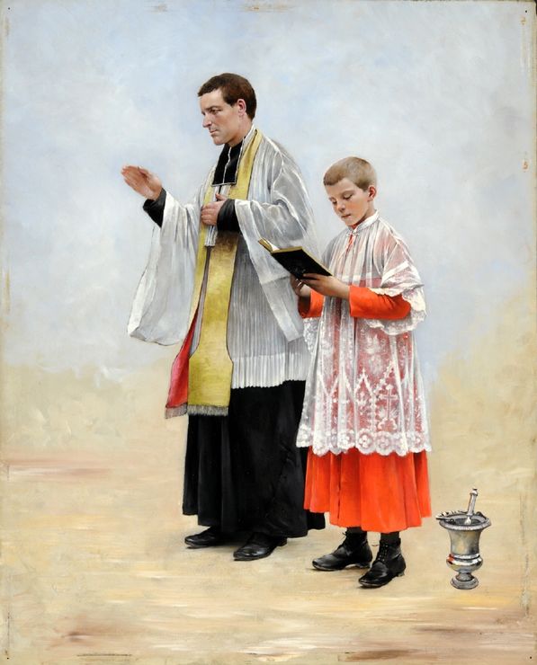 Priest and Acolyte, vintage artwork by August Wilhelm Nikolaus Hagborg, 12x8" (A4) Poster