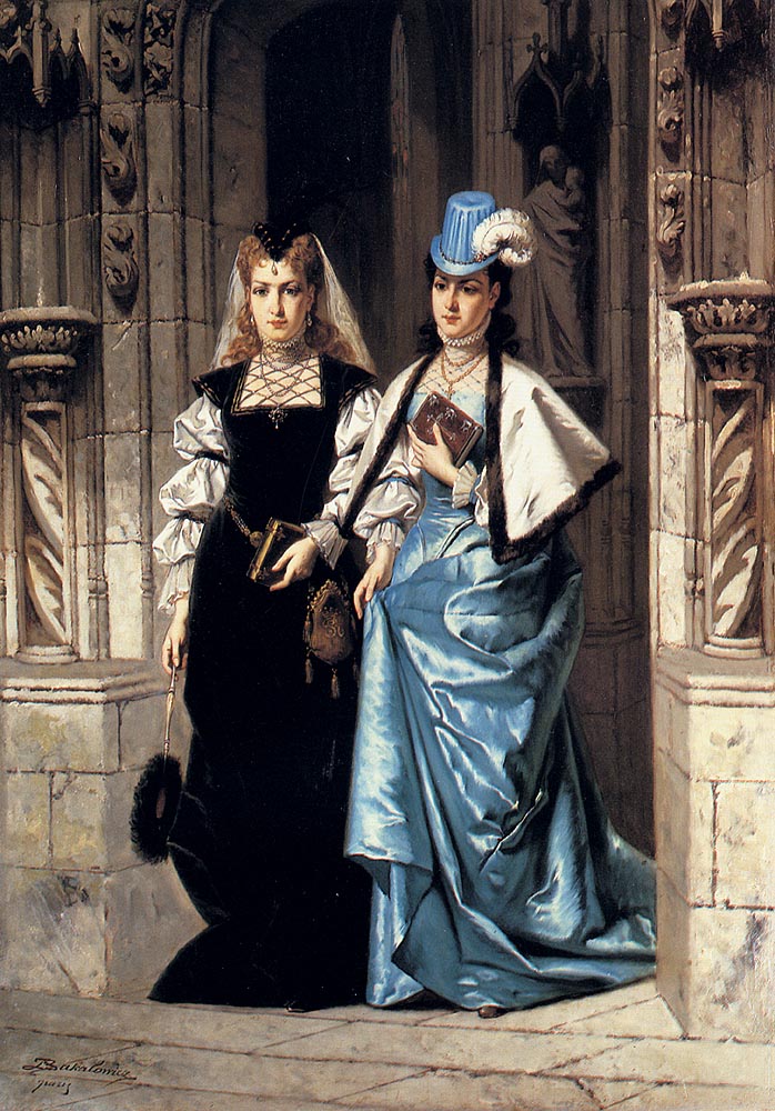 Two Elegant Ladies Leaving A Church, vintage artwork by Władysław Bakalowicz, 12x8" (A4) Poster