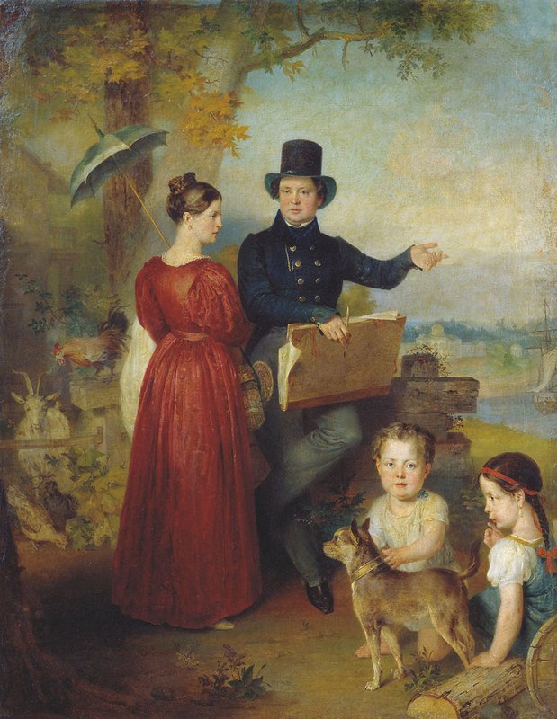 Self Portrait with Wife and Children, vintage artwork by Vasily Golike, A3 (16x12