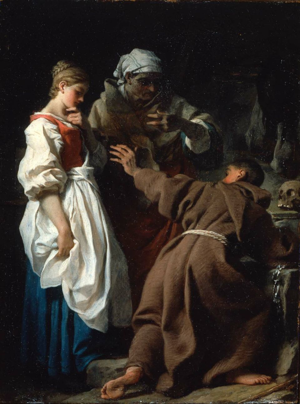 Brother Luce, the Hermit, with the Widow and her Daughter, vintage artwork by Pierre Subleyras, 12x8" (A4) Poster