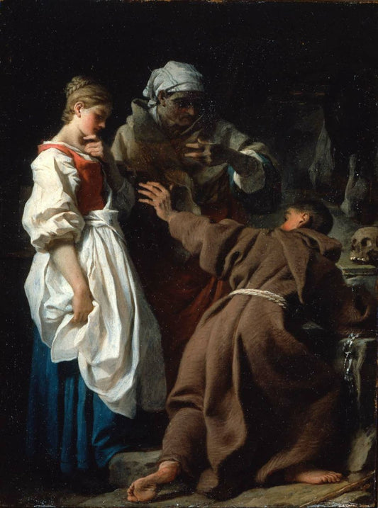 Brother Luce, the Hermit, with the Widow and her Daughter, vintage artwork by Pierre Subleyras, 12x8" (A4) Poster