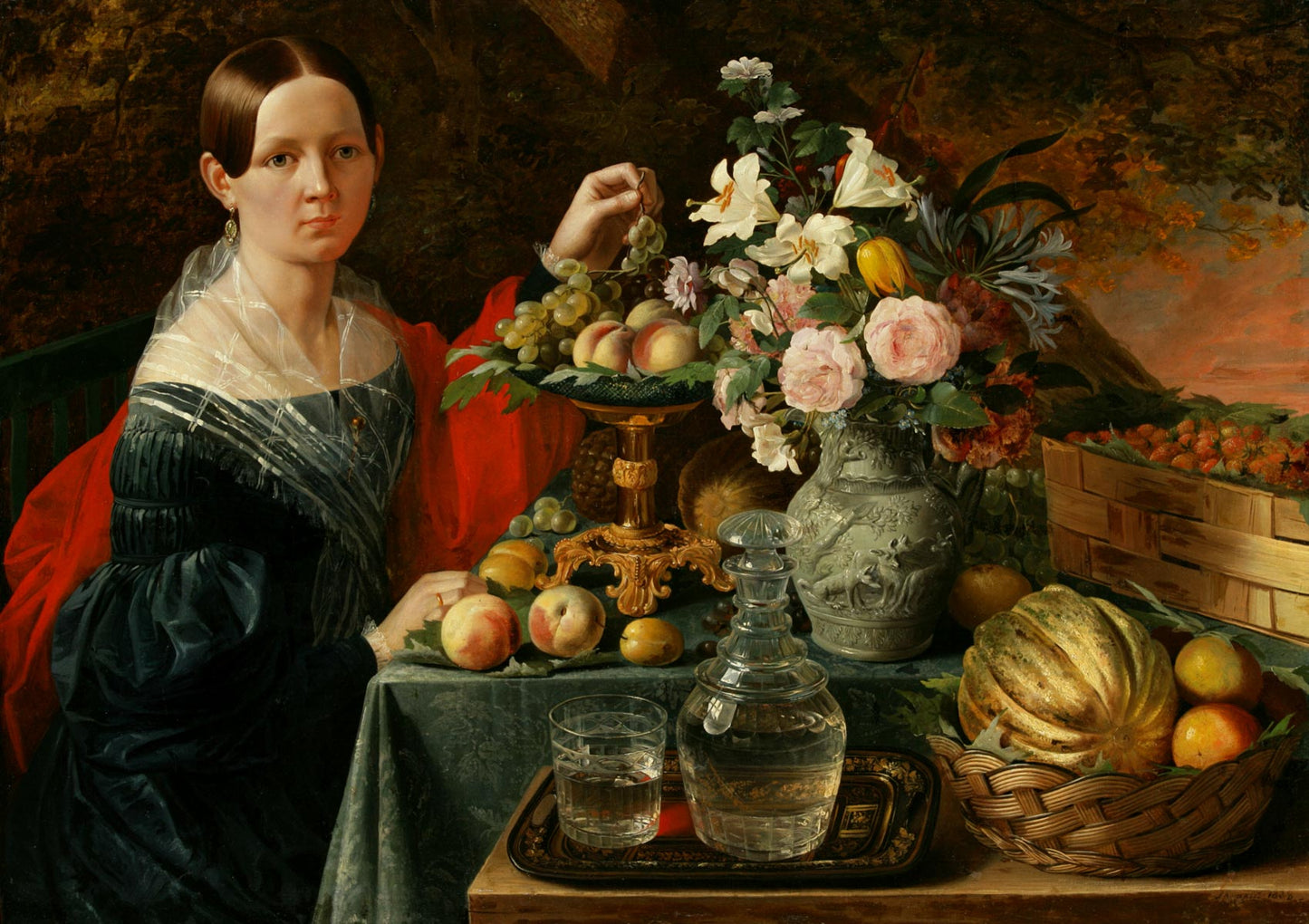 Portrait of a Woman with Flowers and Fruit, vintage artwork by Ivan Khrutsky, A3 (16x12") Poster Print