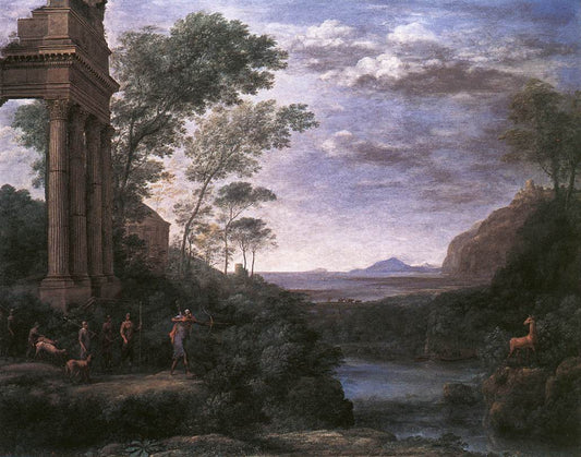 Landscape with Ascanius Shooting the Stag of Sylvia, vintage artwork by Claude Lorrain, 12x8" (A4) Poster
