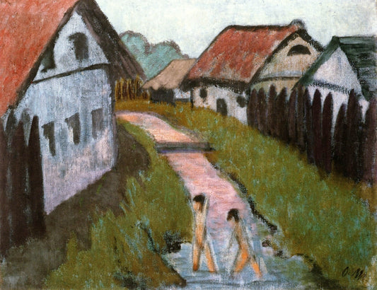 Village Creek with Bathers, vintage artwork by Otto Mueller, 12x8" (A4) Poster