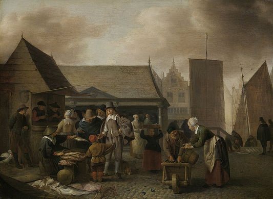 A Market Scene in Amsterdam, vintage artwork by Hendrik Martensz. Sorgh, 12x8" (A4) Poster