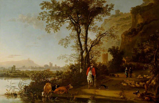Landscape with Horsemen, Figures and Cattle, vintage artwork by Aelbert Cuyp, 12x8" (A4) Poster