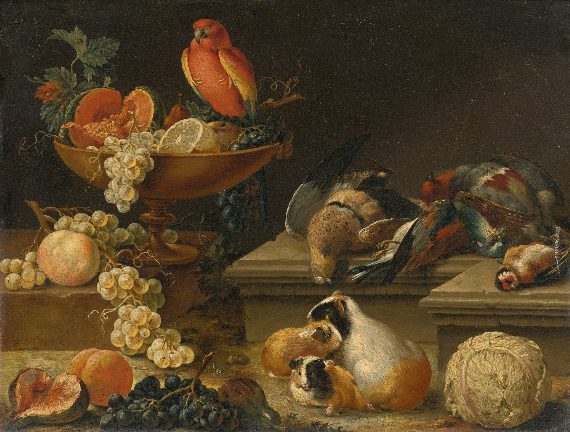 Still life with a Parrot, Game Fowl, Guinea Pigs and Fruit, vintage artwork by Johann Amandus Winck, 12x8" (A4) Poster