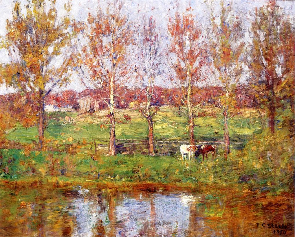 Cows by  the Stream, vintage artwork by Theodore Clement Steele, 12x8" (A4) Poster
