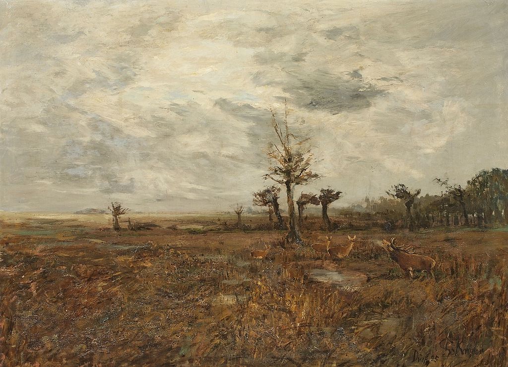 Autumn Landscape with Deer, vintage artwork by Christian Johann Kroner, 12x8" (A4) Poster