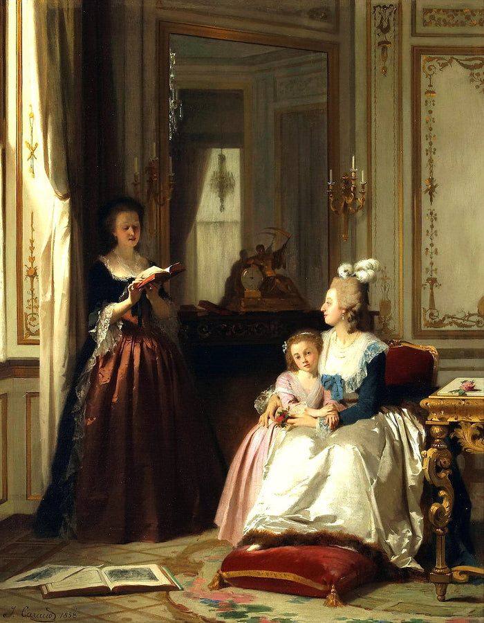 Madame de Lamballe reading to Marie Antoinette and her Daughter, Marie Therèse Charlotte, vintage artwork by Joseph Caraud, A3 (16x12