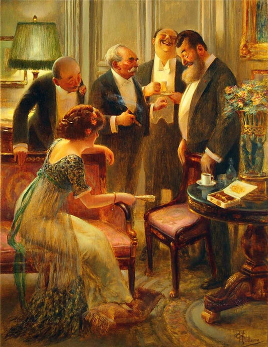 Discussion au fumoir, vintage artwork by Albert Guillaume, 12x8" (A4) Poster
