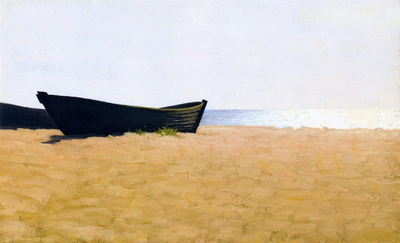 Two Boats on the Beach, the Sun Glittering over the Sea, vintage artwork by Valdemar Schonheyder Moller, 12x8" (A4) Poster
