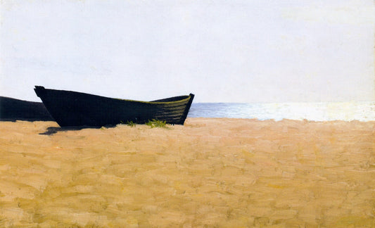 Two Boats on the Beach, the Sun Glittering over the Sea, vintage artwork by Valdemar Schonheyder Moller, 12x8" (A4) Poster